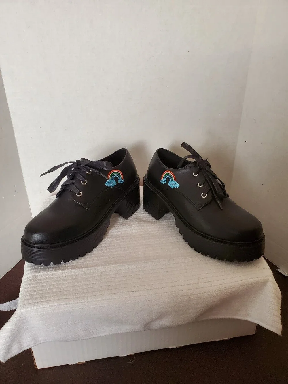 Like New KOI Footwear Black Platform Lace-Up Maryjanes Shoes with Rainbow Patch